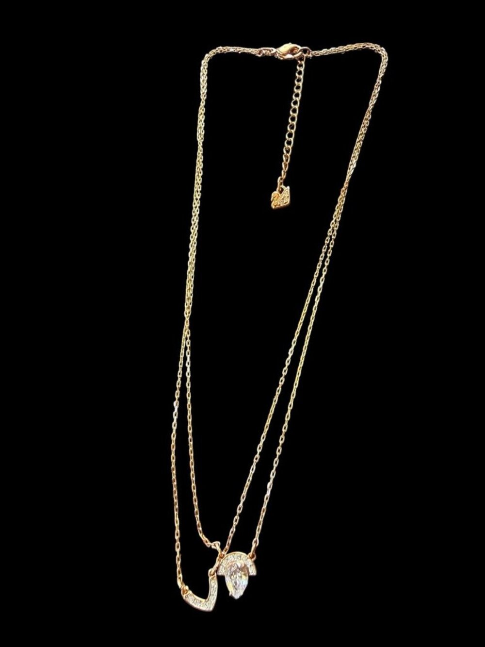 SWAROVSKI Rose Gold Tone Crystal Layered Necklace Teardrop V Chevron Pendant